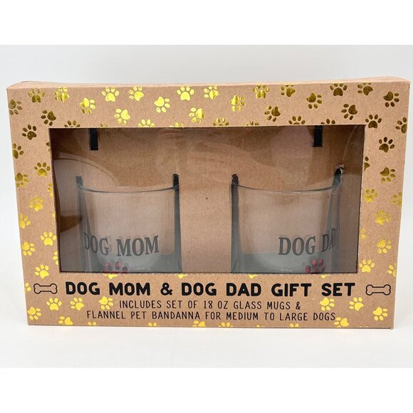 NIB GIFT SET OF 2 DOG MOM DAD GLASS MUGS RED BLACK PLAID PAW PRINT NO BANDANA - Picture 3 of 7